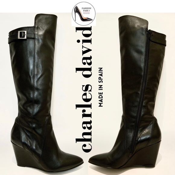 Charles David Black Leather Over Knee Wedge Heel Pointed Toe Riding Boots - Picture 2 of 6